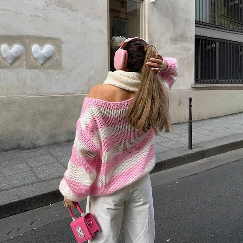 Loose Striped Pullover Sweater Fashion Versatile Long-sleeved Knitted Tops For Women Clothing - Rokkaku 18 online shop