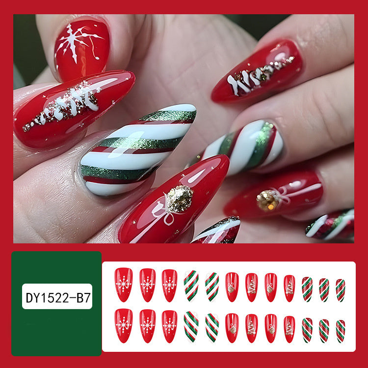 24pcs Christmas False Nails Hat Striped Snowflake Nail Art Stickers For Parties Dances Or Holiday Wear - Rokkaku 18 online shop