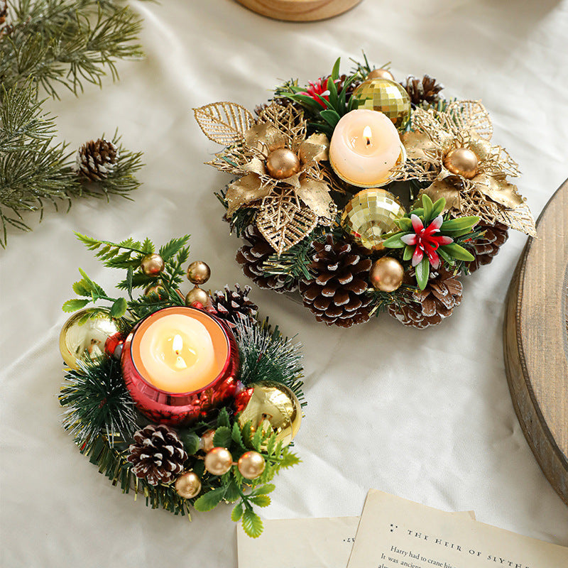 Christmas Candle Metals Candlestick Wreath Artificial Pinball Pinecone Candle Holder Fake Leaves Xmas New Year Home Table Decor - Rokkaku 18 online shop