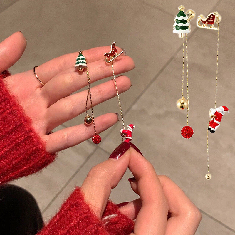 Ins Fashion Xmas Earrings Moving Santa Claus Long Tassel Earrings For Women Christmas Tree Snowflake Asymmetric Drop Earring - Rokkaku 18 online shop
