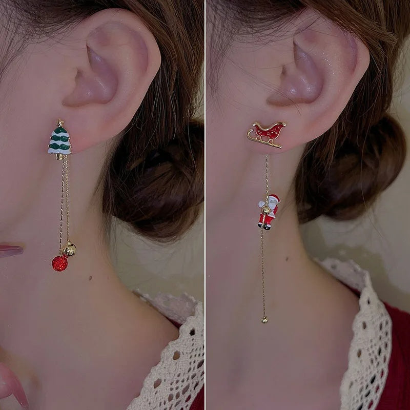 Ins Fashion Xmas Earrings Moving Santa Claus Long Tassel Earrings For Women Christmas Tree Snowflake Asymmetric Drop Earring - Rokkaku 18 online shop