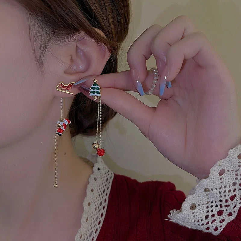 Ins Fashion Xmas Earrings Moving Santa Claus Long Tassel Earrings For Women Christmas Tree Snowflake Asymmetric Drop Earring - Rokkaku 18 online shop