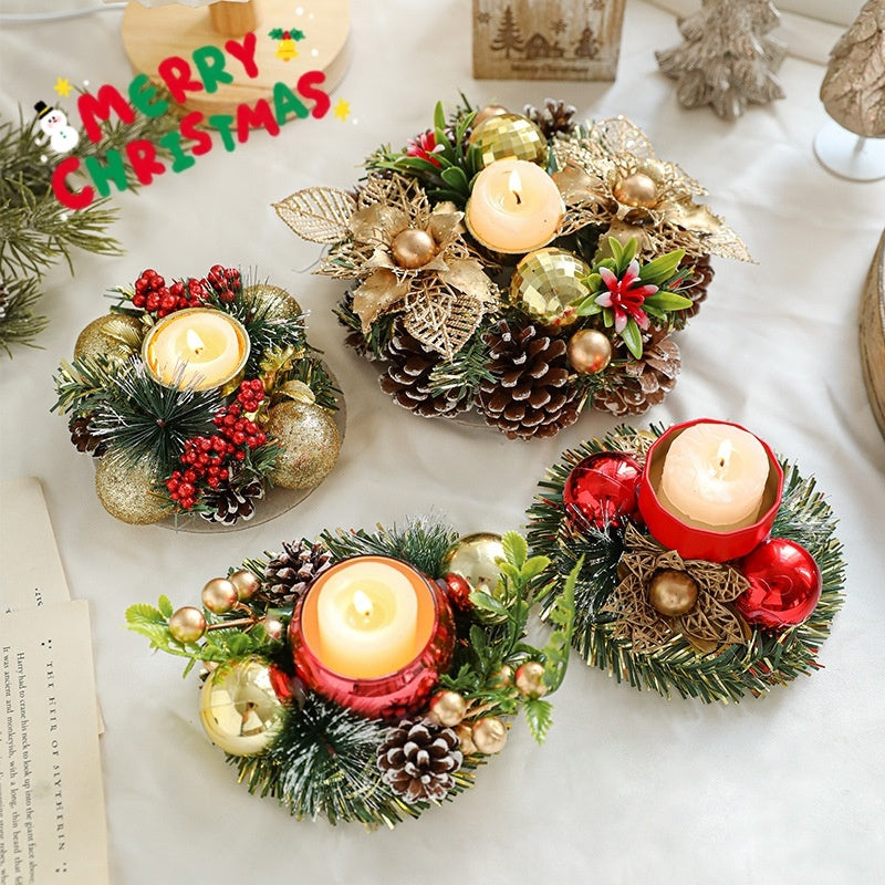 Christmas Candle Metals Candlestick Wreath Artificial Pinball Pinecone Candle Holder Fake Leaves Xmas New Year Home Table Decor - Rokkaku 18 online shop