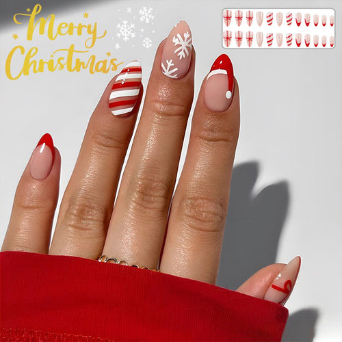 24pcs Christmas False Nails Hat Striped Snowflake Nail Art Stickers For Parties Dances Or Holiday Wear - Rokkaku 18 online shop