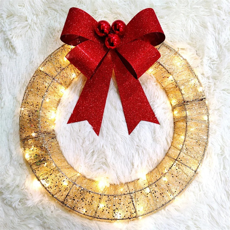 Christmas Garland 50CM Luminous LED Warm Light Metal Luminous Wreath With Big Bowknot Christmas Front Door Home Holiday Party Door Hanging Decor - Rokkaku 18 online shop