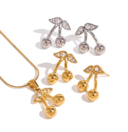 Stainless Steel Cherry Necklace Cute Earrings Ornament Women - Rokkaku 18 online shop