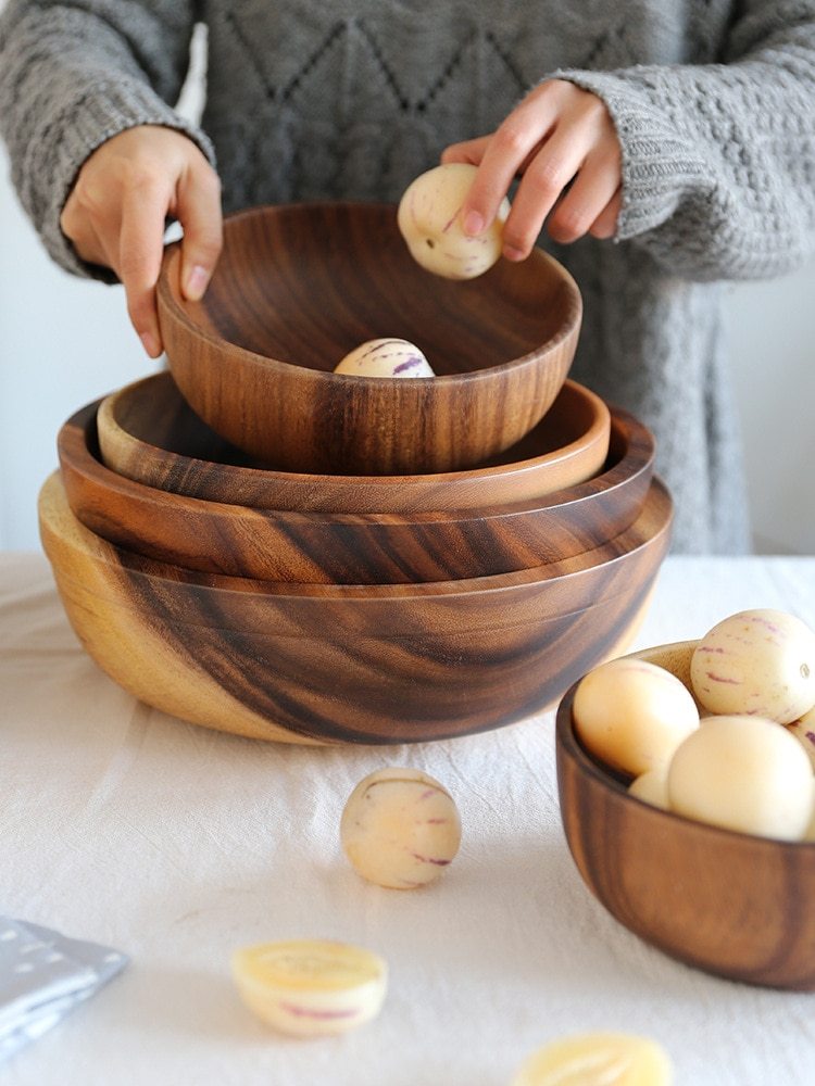 Kitchen Natural Wooden Bowl Household Fruit Bowl Salad Bowl For Home Restaurant Food Container Wooden Utensils Note The Size Hot - Rokkaku 18 online shop
