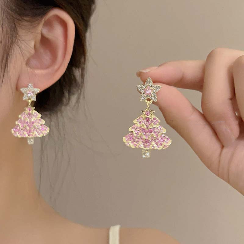 New Design Sweet Christmas Tree Earrings For Women Light Luxury Sparkling Zircon Dangle Earring Xmas Holiday Party Jewelry - Rokkaku 18 online shop