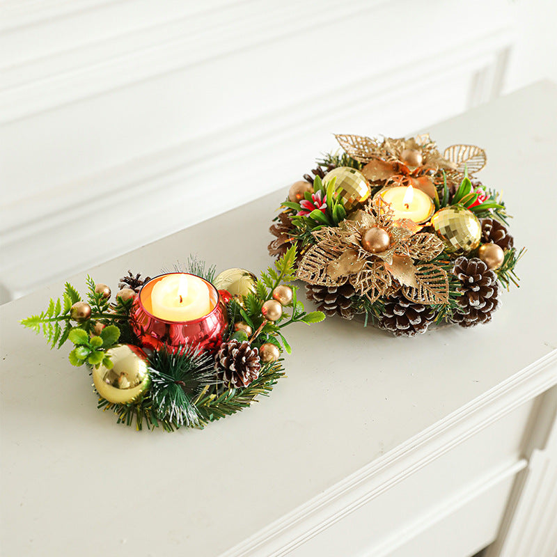 Christmas Candle Metals Candlestick Wreath Artificial Pinball Pinecone Candle Holder Fake Leaves Xmas New Year Home Table Decor - Rokkaku 18 online shop