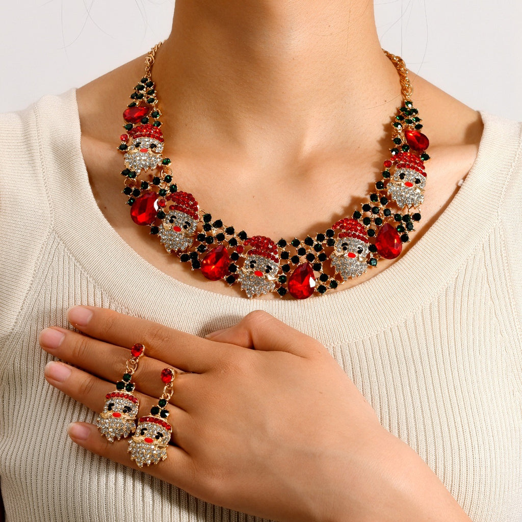 3pcs Christmas Necklace Earrings Set With Colored Rhinestones Ins Fashionable Shiny Santa Claus Necklace For Womens Jewelry - Rokkaku 18 online shop