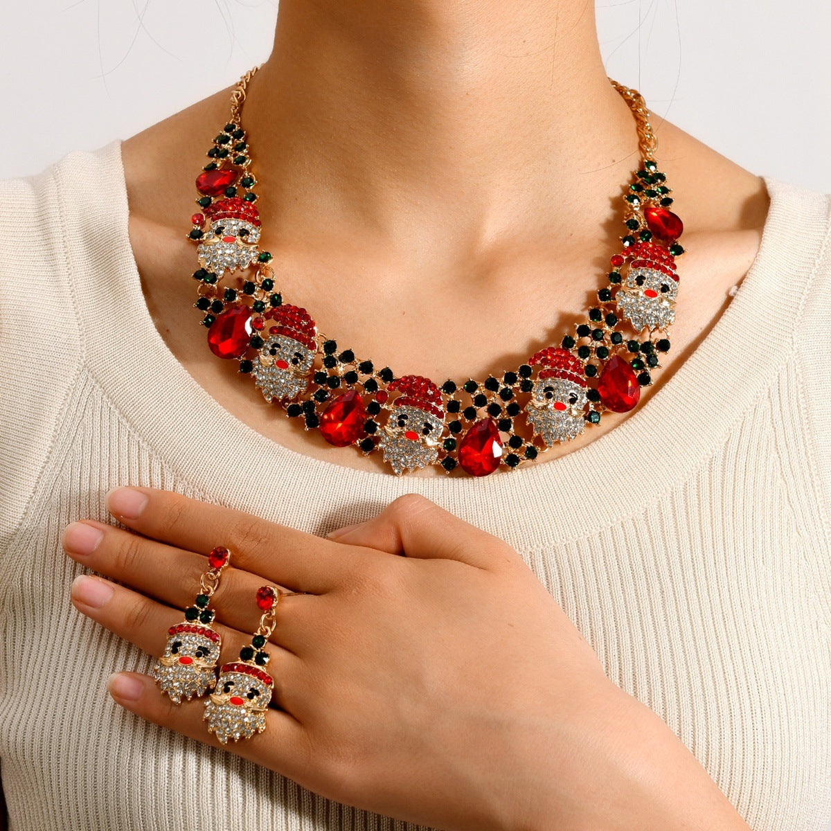3pcs Christmas Necklace Earrings Set With Colored Rhinestones Ins Fashionable Shiny Santa Claus Necklace For Womens Jewelry - Rokkaku 18 online shop