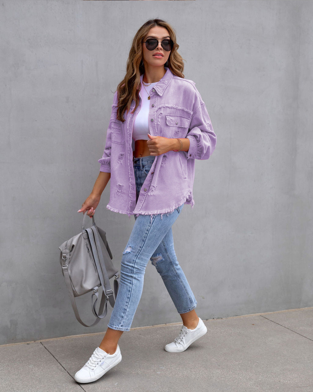 Fashion Ripped Shirt Jacket Female Autumn And Spring Casual Tops Womens Clothing - Rokkaku 18 online shop