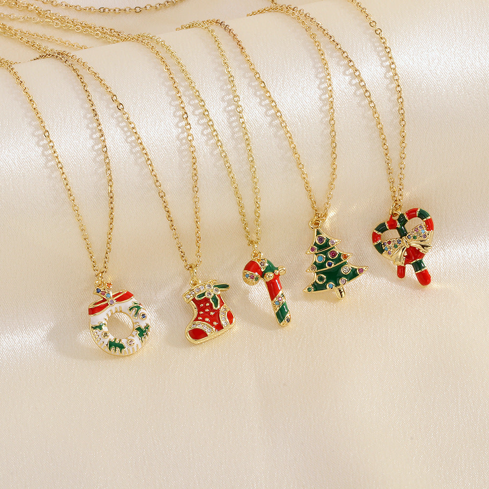 Christmas Tree Santa Claus Elk Snowman Oil-drop Necklace With Colored Rhinestones Ins Festival Clavicle Chain Necklace For Women Jewelry - Rokkaku 18 online shop