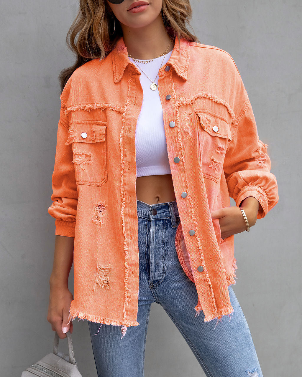 Fashion Ripped Shirt Jacket Female Autumn And Spring Casual Tops Womens Clothing - Rokkaku 18 online shop