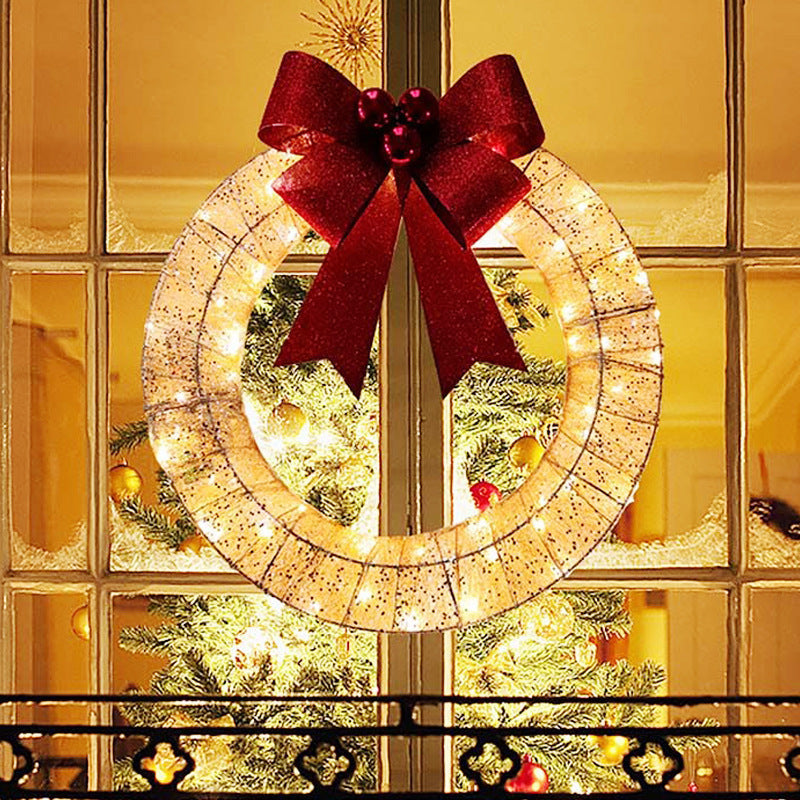 Christmas Garland 50CM Luminous LED Warm Light Metal Luminous Wreath With Big Bowknot Christmas Front Door Home Holiday Party Door Hanging Decor - Rokkaku 18 online shop