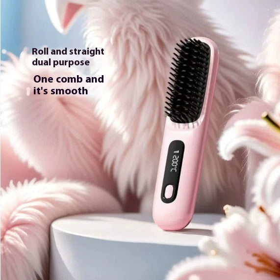 2 In 1 Straight Hair Comb Wireless Hair Straightener Brush Hair Fast Heating Portable Hot Curler USB Charging - Rokkaku 18 online shop