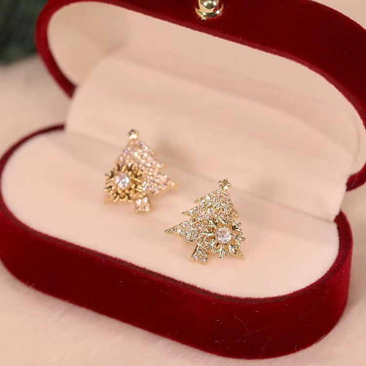 Rotatable Christmas Tree Earrings Shiny Rhinestone Snowflake Stud Earring New Year Xmas Festival Ear Jewelry Gifts Autumn And Winter - Rokkaku 18 online shop