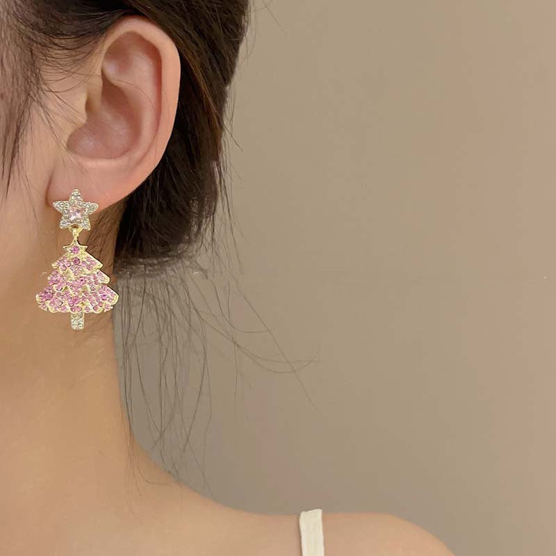 New Design Sweet Christmas Tree Earrings For Women Light Luxury Sparkling Zircon Dangle Earring Xmas Holiday Party Jewelry - Rokkaku 18 online shop