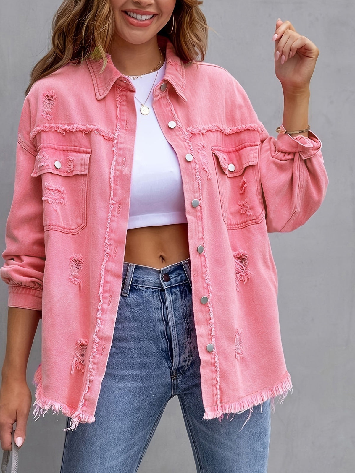Fashion Ripped Shirt Jacket Female Autumn And Spring Casual Tops Womens Clothing - Rokkaku 18 online shop