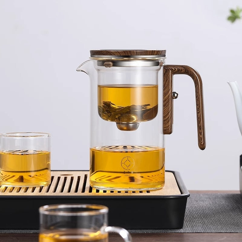 One Click Magnetic Teapot Separation Filtration Glass Tea Pot Wood Handle Tea Water Separation Inner Container Teapot - Rokkaku 18 online shop