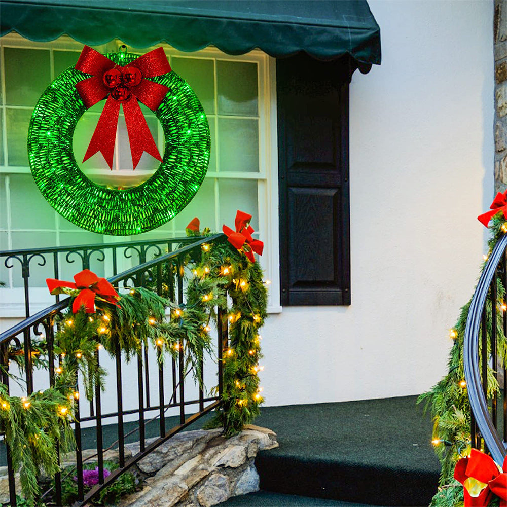 Christmas Garland 50CM Luminous LED Warm Light Metal Luminous Wreath With Big Bowknot Christmas Front Door Home Holiday Party Door Hanging Decor - Rokkaku 18 online shop