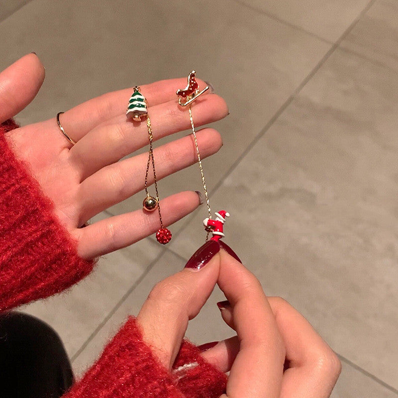 Ins Fashion Xmas Earrings Moving Santa Claus Long Tassel Earrings For Women Christmas Tree Snowflake Asymmetric Drop Earring - Rokkaku 18 online shop