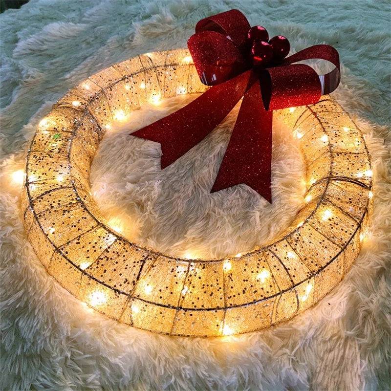 Christmas Garland 50CM Luminous LED Warm Light Metal Luminous Wreath With Big Bowknot Christmas Front Door Home Holiday Party Door Hanging Decor - Rokkaku 18 online shop