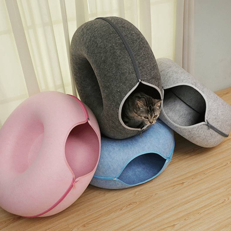 Donut Cat Tunnel Bed Pets House Natural Felt Pet Cat Cave Interactive Toys Round Wool Felt Pet Bed Cat Training Toy Cat House - Rokkaku 18 online shop