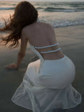 GACVGA Satin Backless Pearls Sexy Bodycon Prom Party Maxi Dress Halter Sleeveless Celebrity Evening Runway Slim Club Long Dress