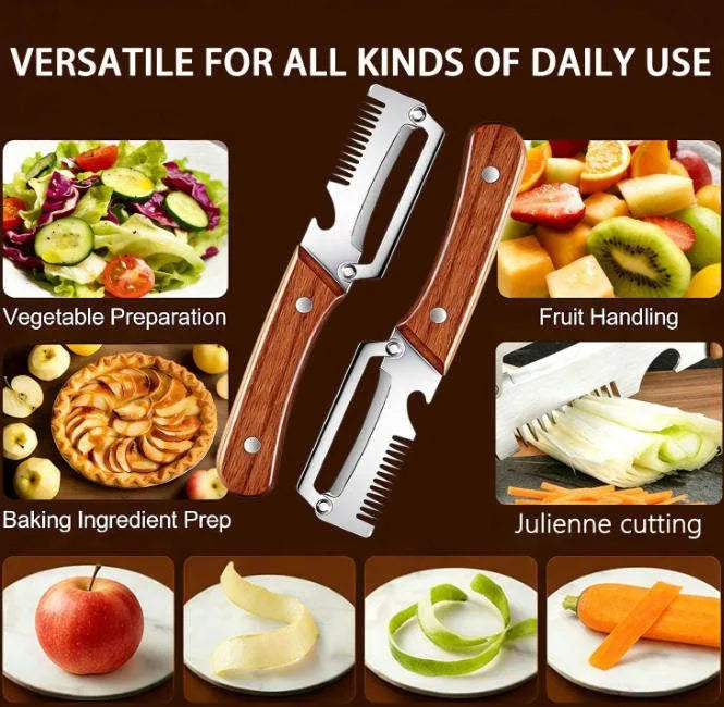 1/2/3/pcs Peeler Oak Three-in-one Stainless Steel Wooden Handle  For Peeling Slicing Onions Cutting Sugar Cane Cutting Fruits