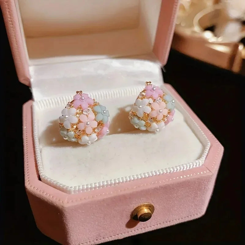 Korean Floral Hoop Cute Fashion Earrings for Women Alloy with Resin Inlay Japanese Style Suitable for Daily Wear and Weddings