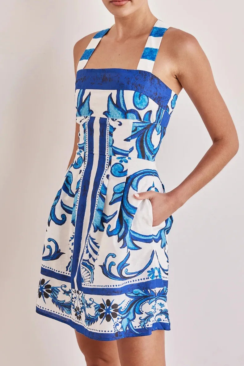 Women Summer Sexy Printed A-line Mini Dress Fashion Casual Blackless Sleeveless High Waist Off Shoulder Vestidos Party Dresses