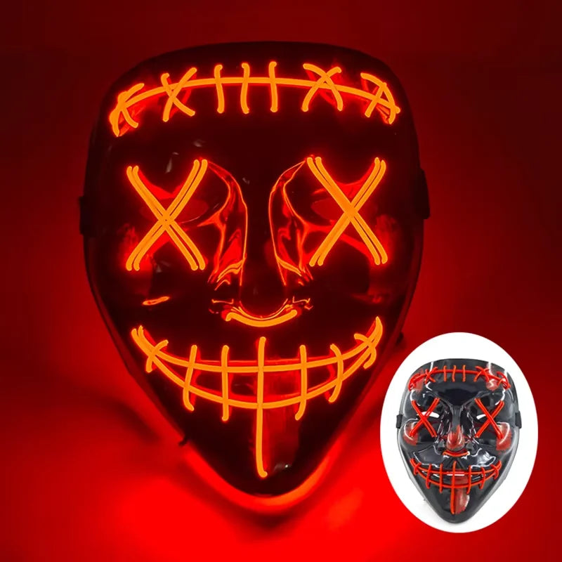 Wireless LED Neon Purge Mask & Fiber Optic Gloves, Scary Glow In Dark Mask for Halloween Carnival Cosplay Bar Birthday Party