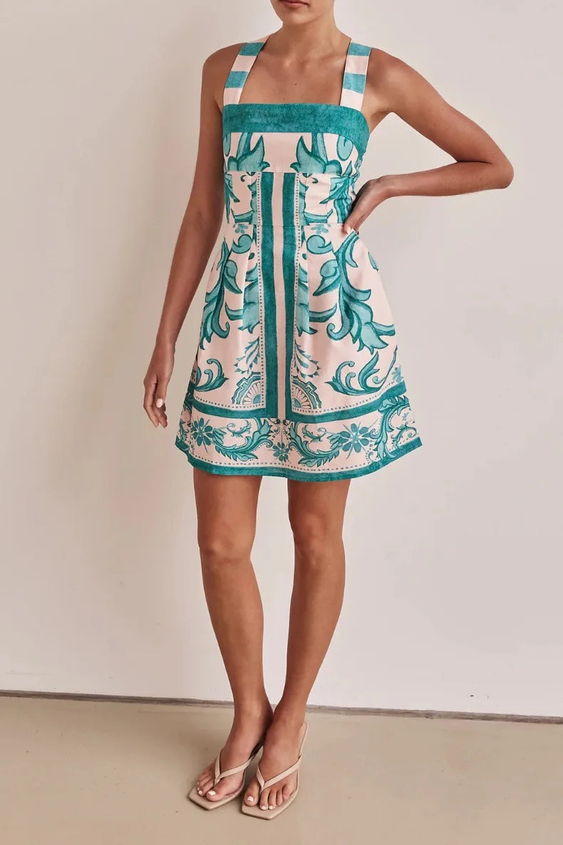 Women Summer Sexy Printed A-line Mini Dress Fashion Casual Blackless Sleeveless High Waist Off Shoulder Vestidos Party Dresses