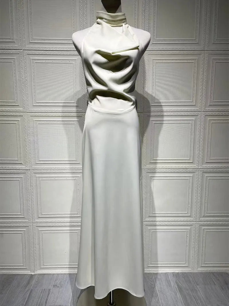 GACVGA Satin Backless Pearls Sexy Bodycon Prom Party Maxi Dress Halter Sleeveless Celebrity Evening Runway Slim Club Long Dress