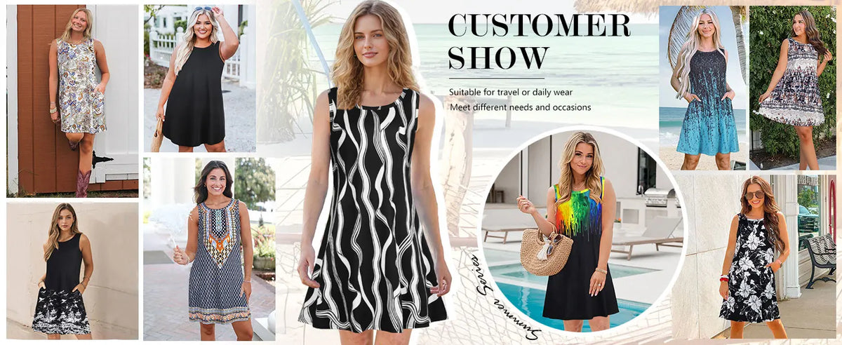 Women's Summer Anime Cat-Print Color-Block Dress; Summer Round-Neck Loose-Fit Casual Comfortable Stylish and Versatile Dress