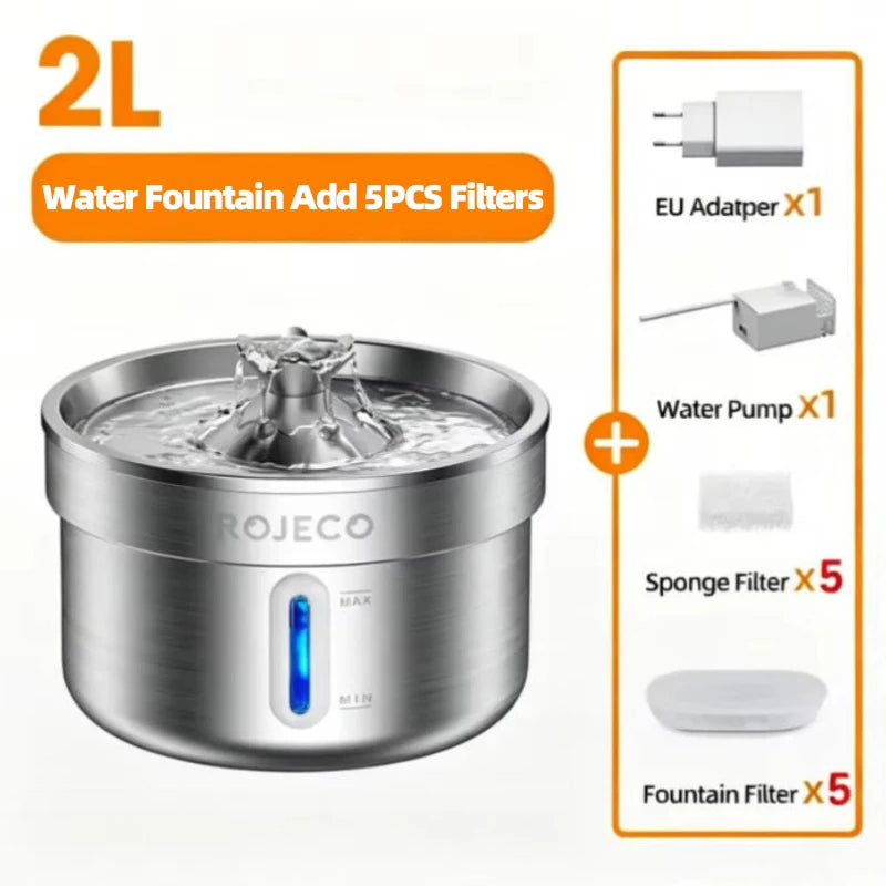 ROJECO Stainless Steel Pet Drinking Fountain Smart Pet Water Dispenser Automatic Cat Water Fountain for Dog Cat Drinking Supply
