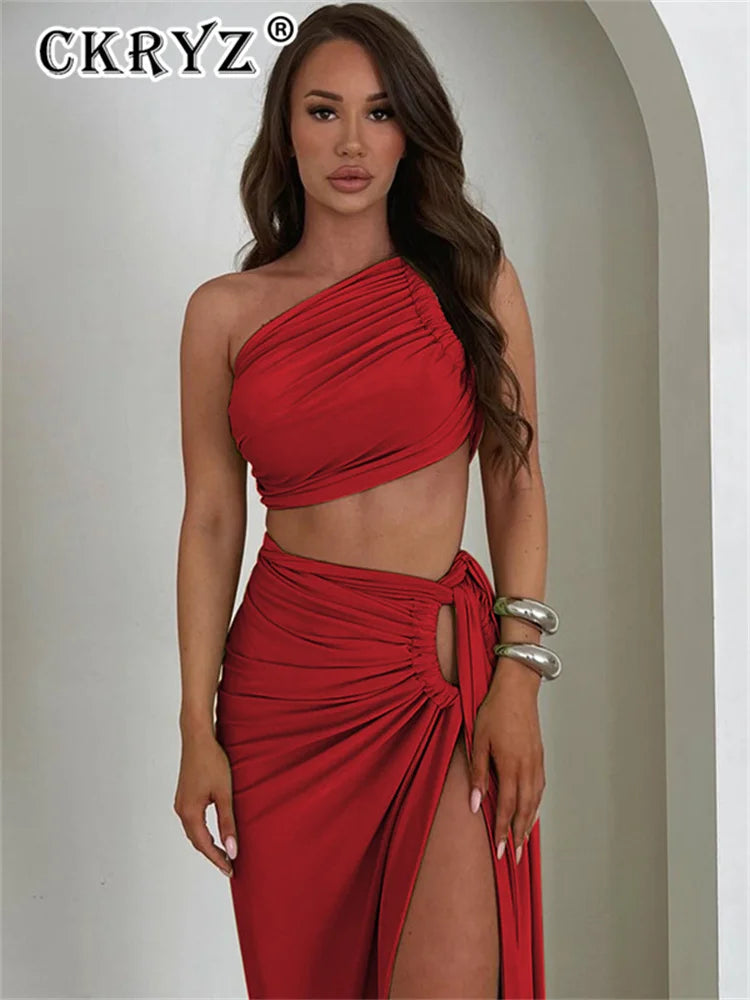 Ladies Summer 2 Pieces Set Women Sleeveless Backless Strap Spit Crop Top Side Slit Slim Long Skirt Evening Party Club Streetwear
