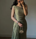 Autumn and Winter Corseted, Pleated Evening Dress with Flowing Ribbons and Sparkling Details for Women in Dubai and Turkey