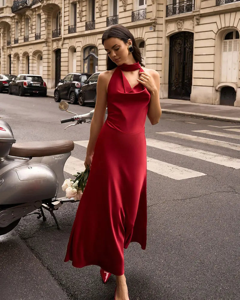 GACVGA Satin Backless Pearls Sexy Bodycon Prom Party Maxi Dress Halter Sleeveless Celebrity Evening Runway Slim Club Long Dress