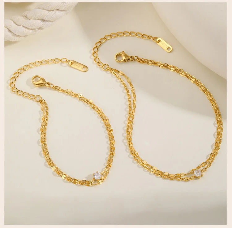 Waterproof Layered Anklet Bracelet for Women, Adjustable Gold Plated with Zirconia Stainless Steel Link Foot Chain Jewelry
