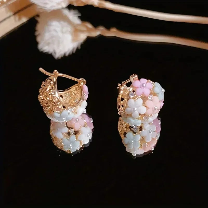 Korean Floral Hoop Cute Fashion Earrings for Women Alloy with Resin Inlay Japanese Style Suitable for Daily Wear and Weddings