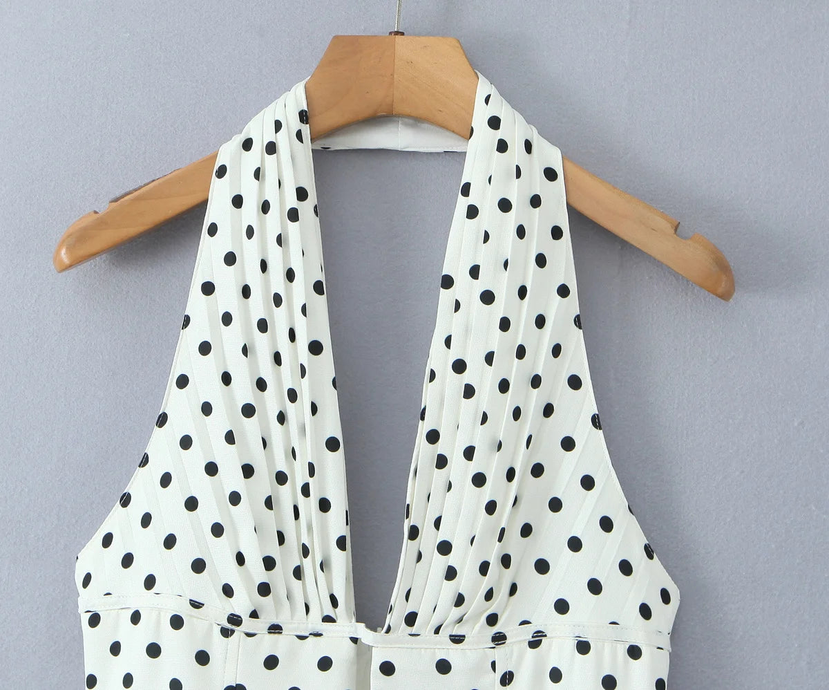 YENKYE French Style Retro Polka Dot Deep V Halter Dress Women Sexy Backless A-line Slim Sweet Elegant Mini Dresses Summer Robe