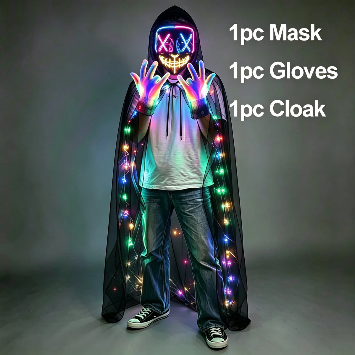 Wireless LED Neon Purge Mask & Fiber Optic Gloves, Scary Glow In Dark Mask for Halloween Carnival Cosplay Bar Birthday Party