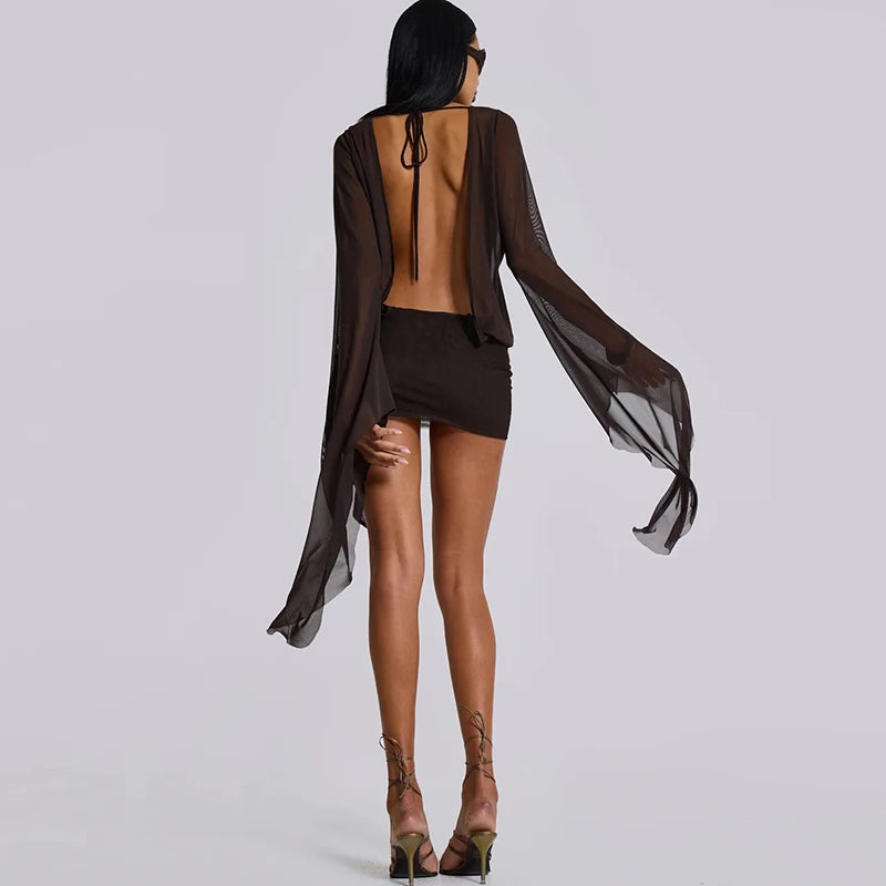 Women Mesh Irregular  Mini Dress Sexy See Through Chic Long Sleeve Deep Low Neck Bandage Slim Vestidos Mujer Coquette Frock