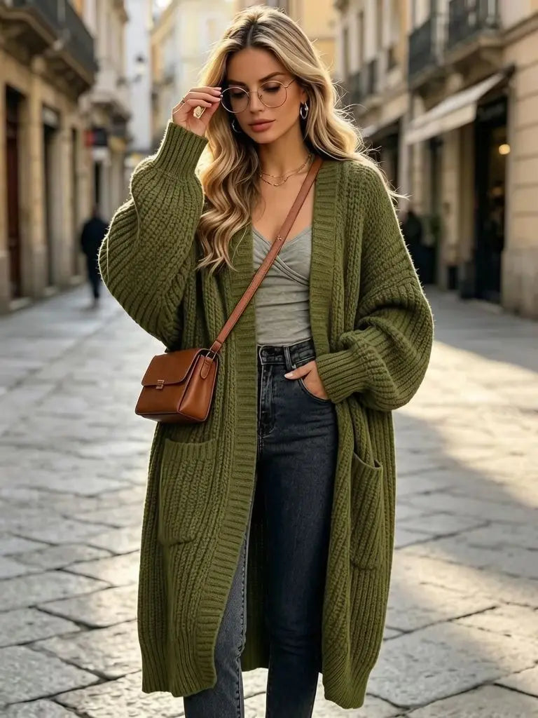 Women Oversized Long Knit Cardigan V Neck Open Front Pockets Thick Loose Lantern Sleeve Maxi Sweater Coat for Fall Winter