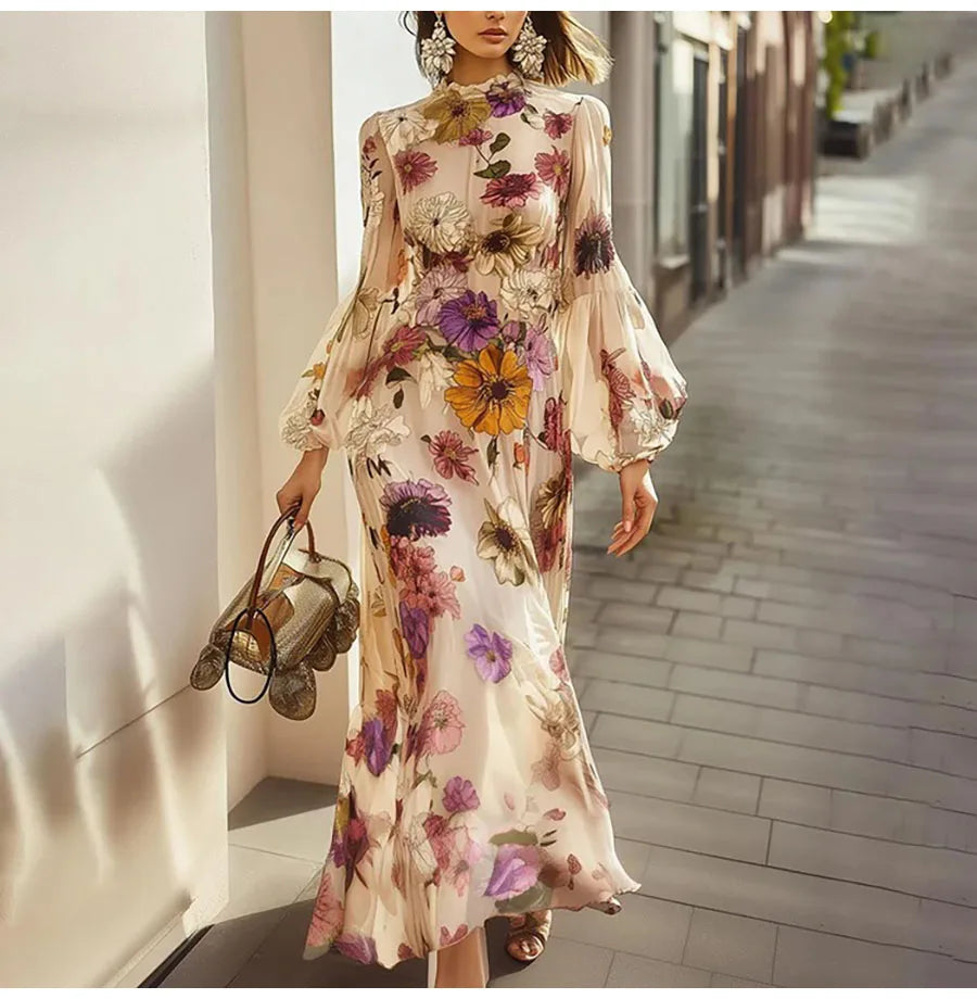 Vintage Flower Print Long Dress Women Autumn 2025 Winter Fashion Long Sleeve Slim A-line Maxi Dresses Elegant Vestidos