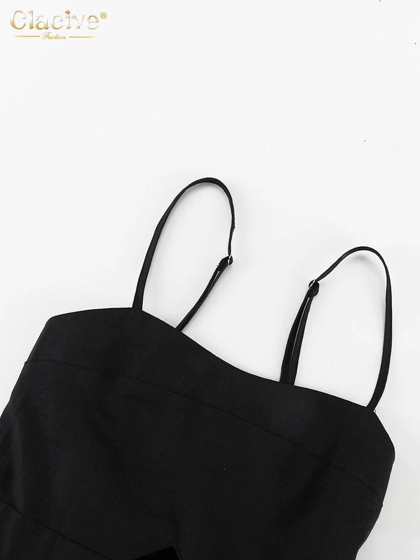 Clacive Sexy Loose Black Cotton Womens Dresses 2024 Summer Strap Sleeveless Ankle Length Dress Elegant Hollow Out Female Dress
