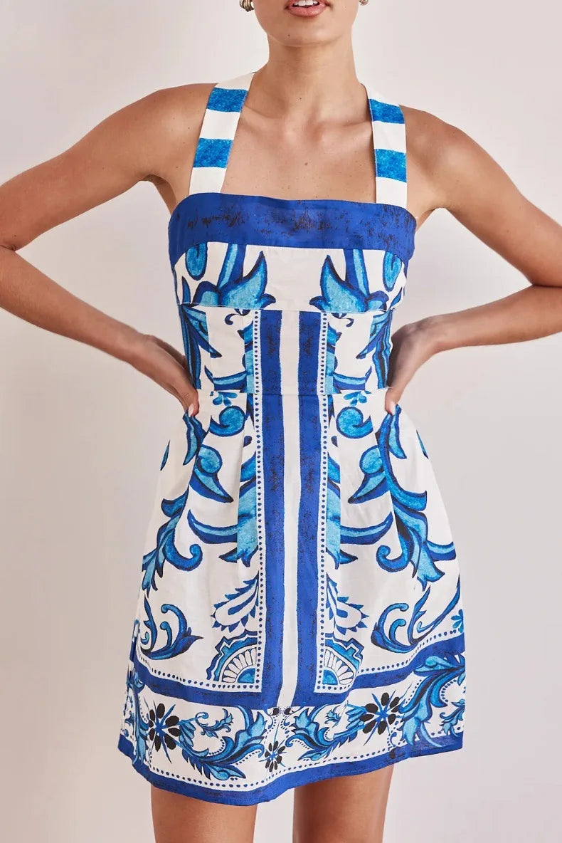 Women Summer Sexy Printed A-line Mini Dress Fashion Casual Blackless Sleeveless High Waist Off Shoulder Vestidos Party Dresses