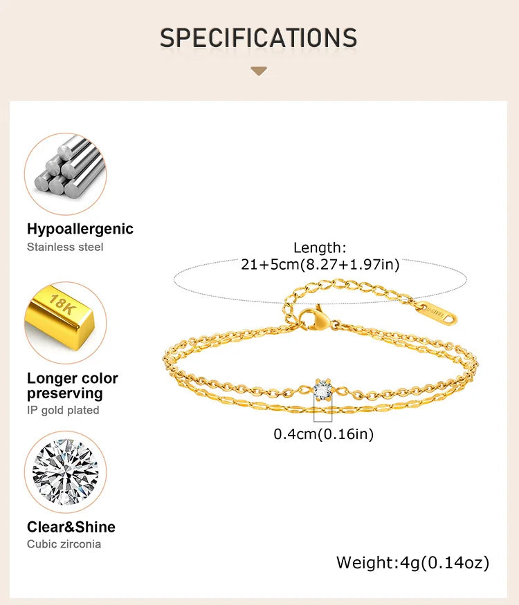Waterproof Layered Anklet Bracelet for Women, Adjustable Gold Plated with Zirconia Stainless Steel Link Foot Chain Jewelry